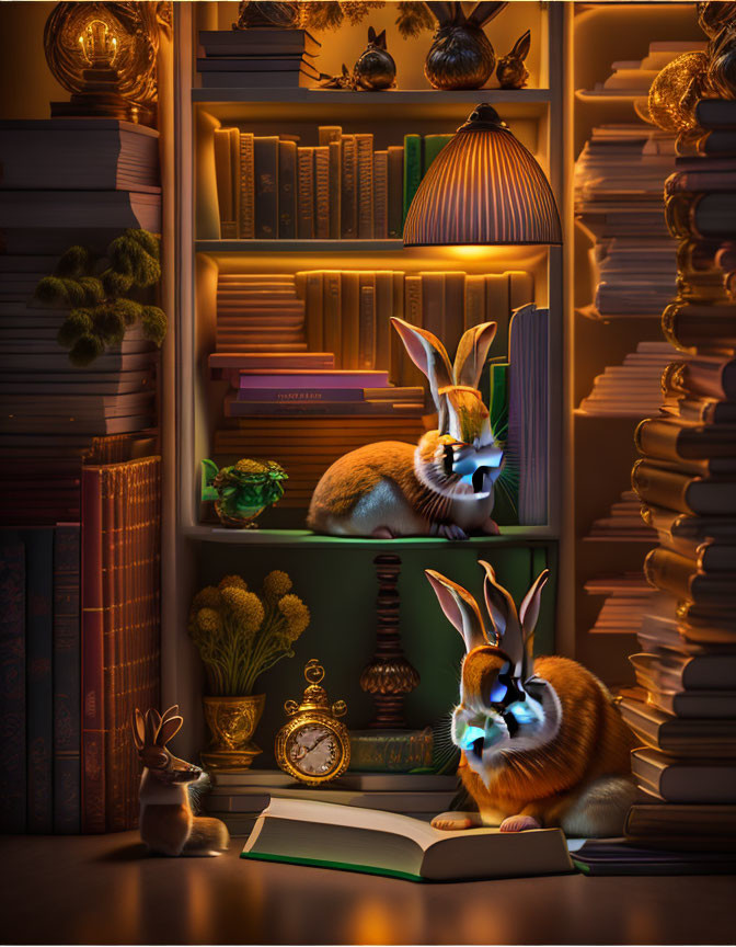 Anthropomorphic rabbits in cozy library setting with warm lighting, books, plants, vintage clock