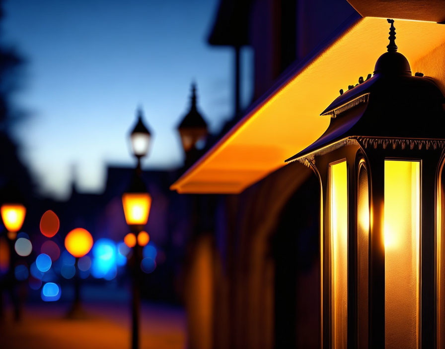 Twilight scene: Warmly lit street lamp and glowing building facade