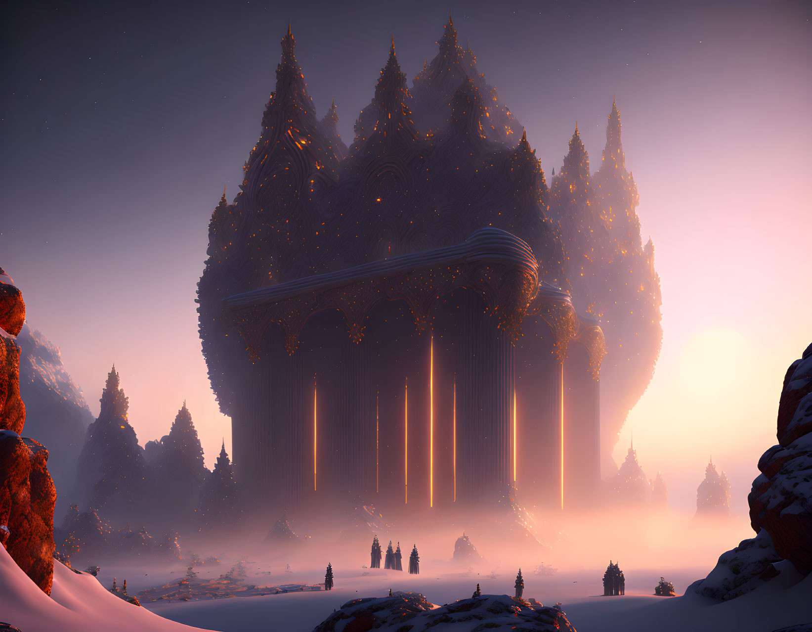 Ethereal floating palace at dusk with snowy terrain and silhouetted figures