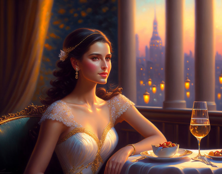 Sophisticated woman in formal dress with wine and dessert by city skyline view.