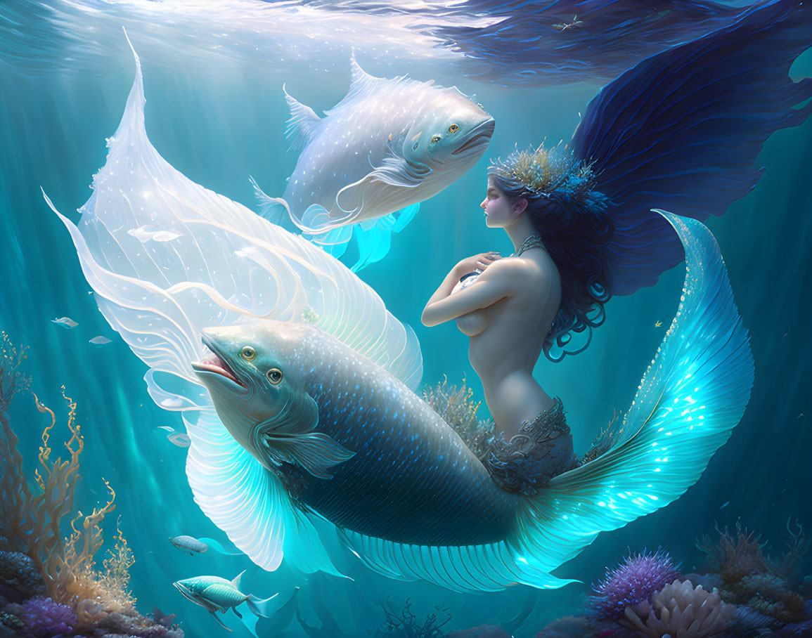 Vibrant blue-tailed mermaid swimming with fantastical fish in serene underwater scene