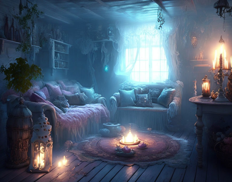 Mystical room with soft lighting, plush sofas, and magical accents