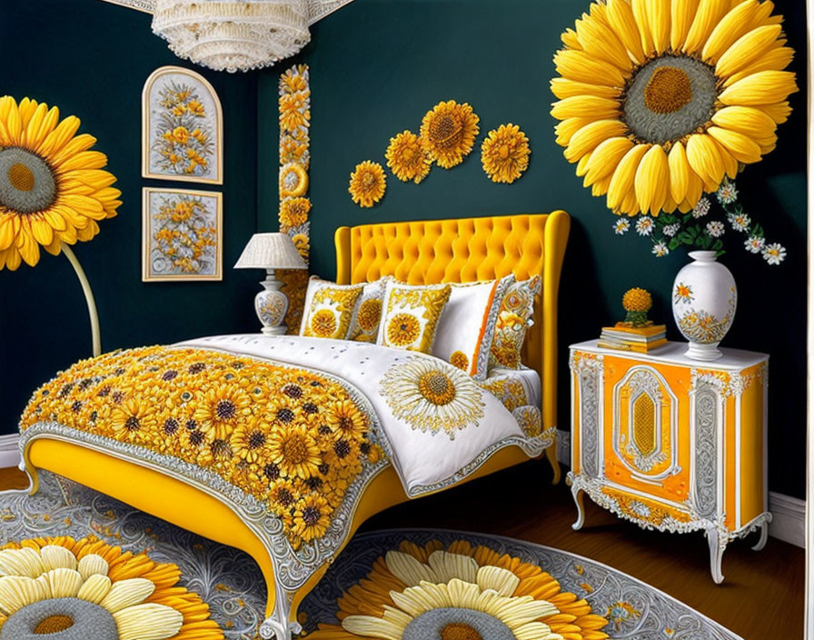 Sunflower-themed Bedroom with Yellow Upholstered Bed