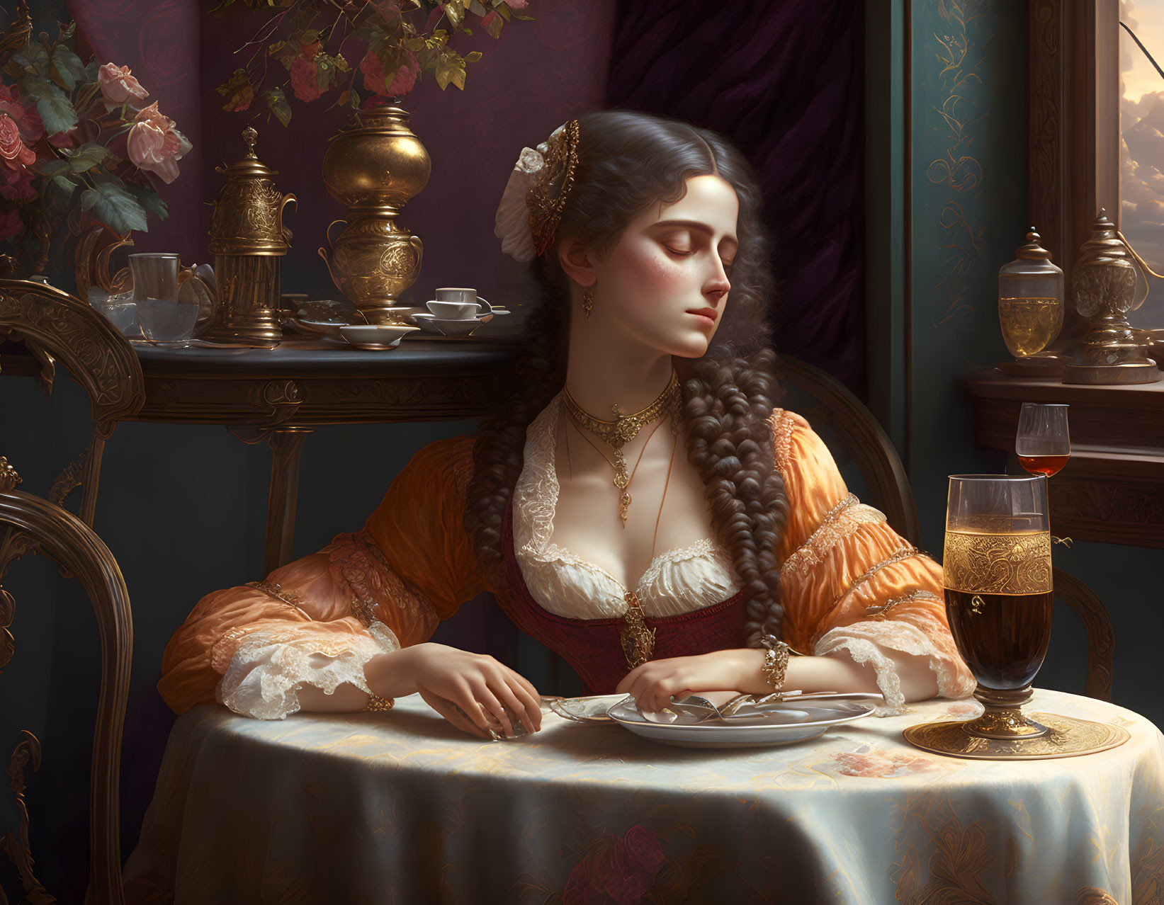 Historical woman sitting at ornate table with wine in rich setting