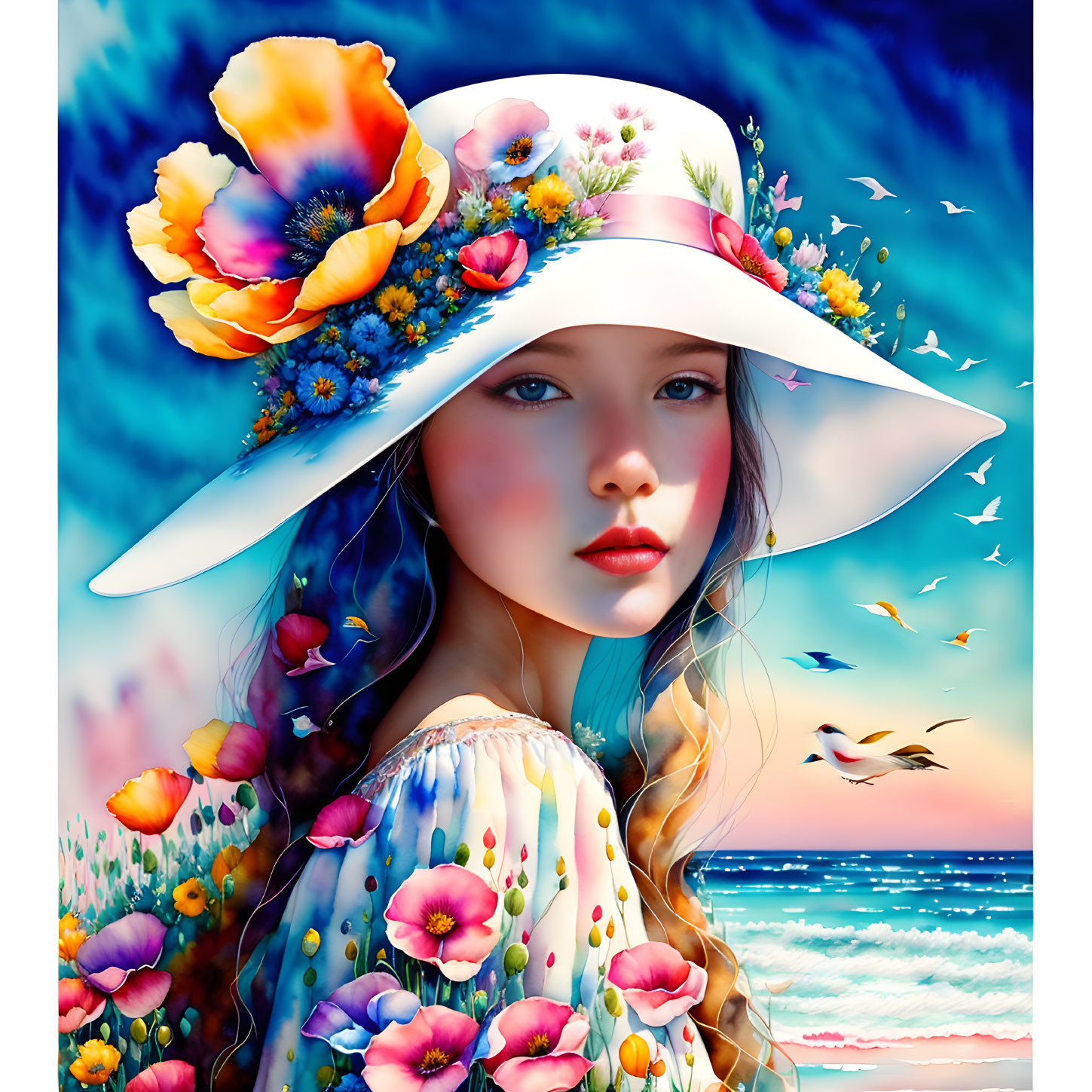 Illustrated girl with floral hat by vibrant beachscape