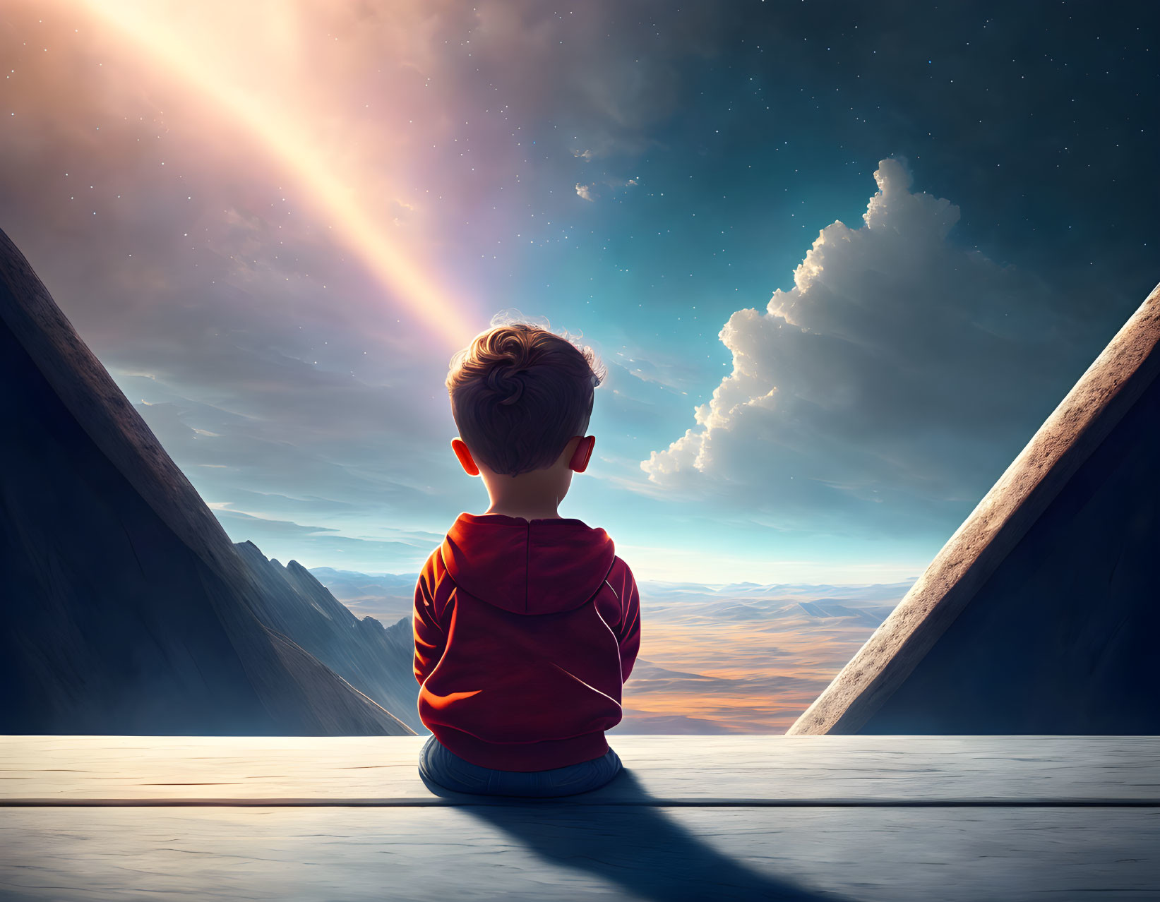 Young boy gazes at dramatic sky with comet streaking past