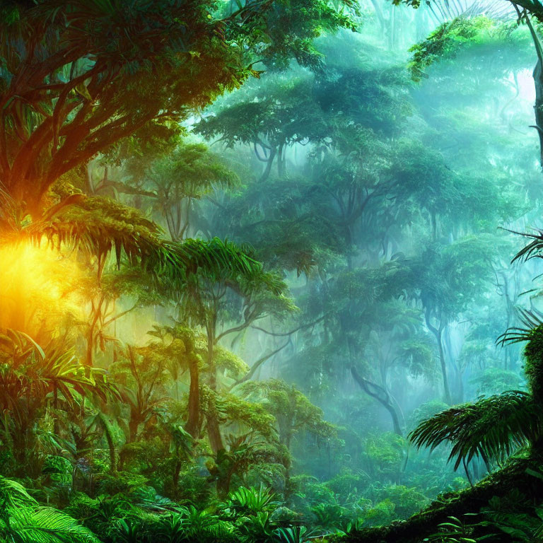 Lush Green Forest with Sunlight and Mist