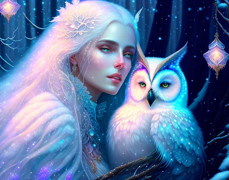 Fantasy illustration of woman with glowing white hair and luminescent owl in snowy night.