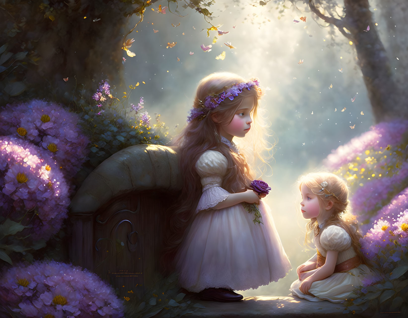 Young girls in magical forest with purple flowers and old wooden door