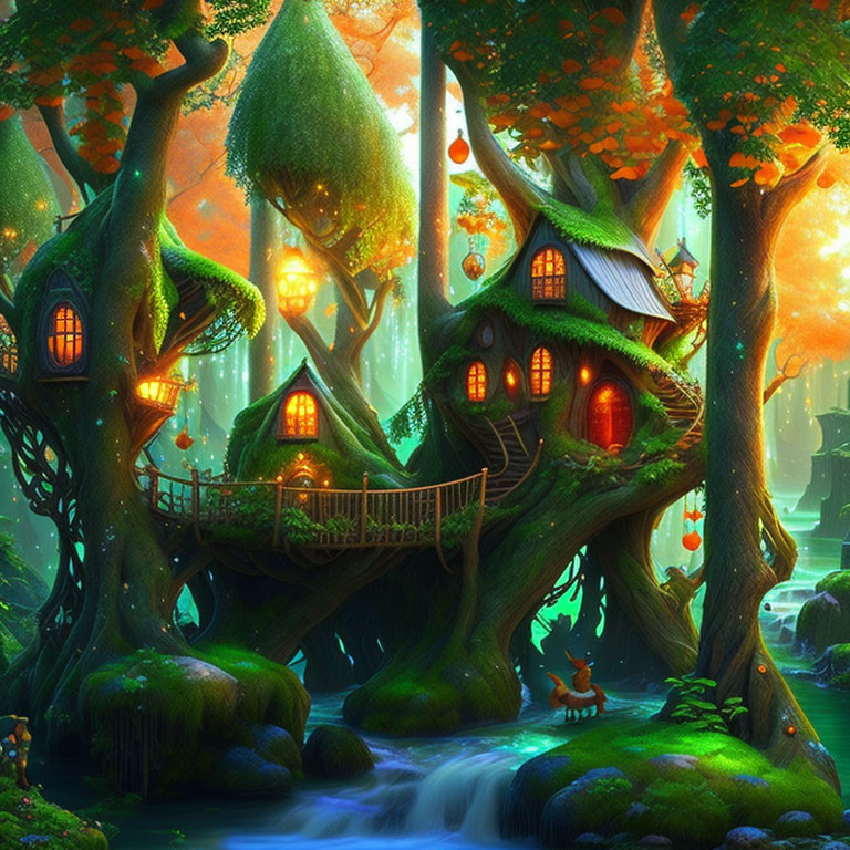 Luminescent trees, cozy house, deer by stream in enchanted forest