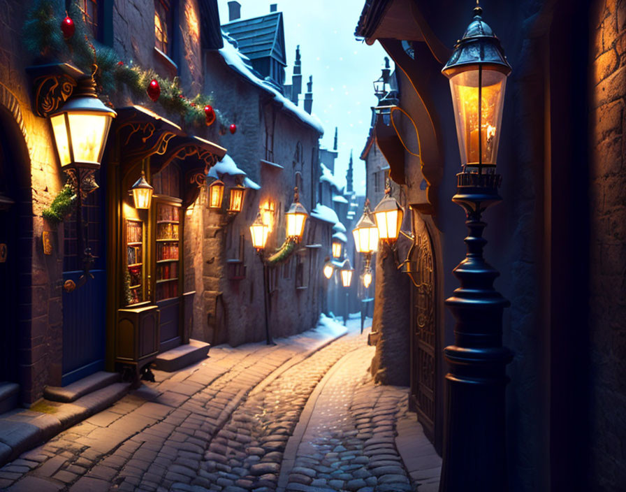 Festive cobblestone alley with warm street lamps and garlands at twilight