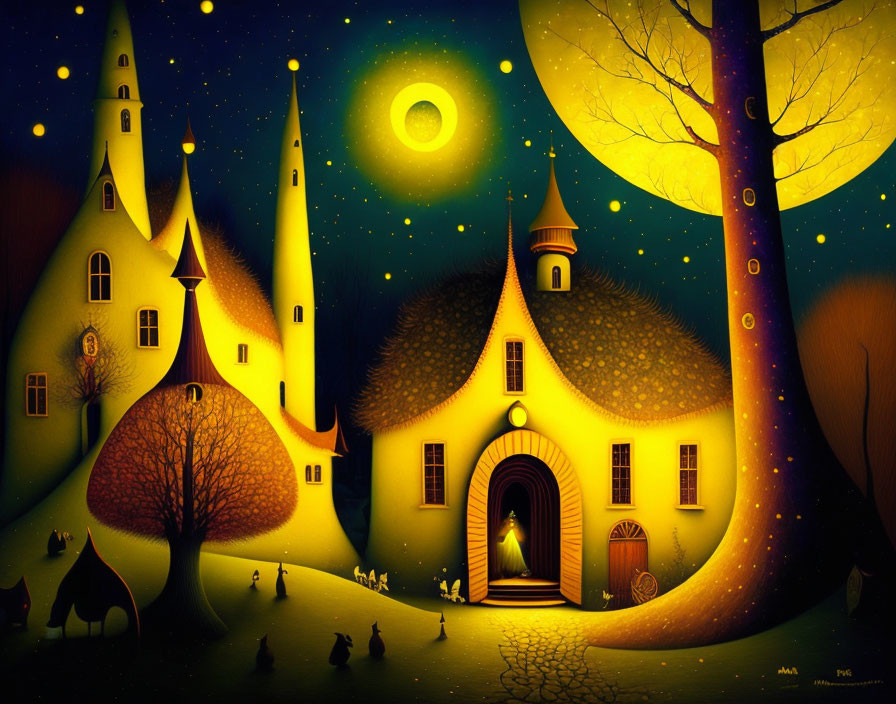 Stylized glowing buildings and creatures in a whimsical nighttime scene