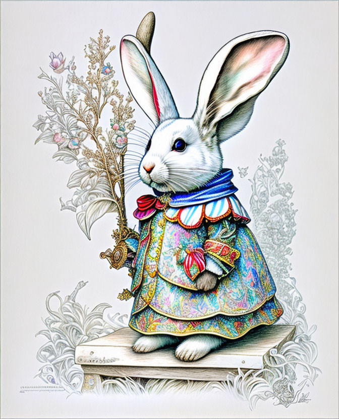 Colorful Royal Rabbit Illustration with Key on Open Book and Floral Patterns