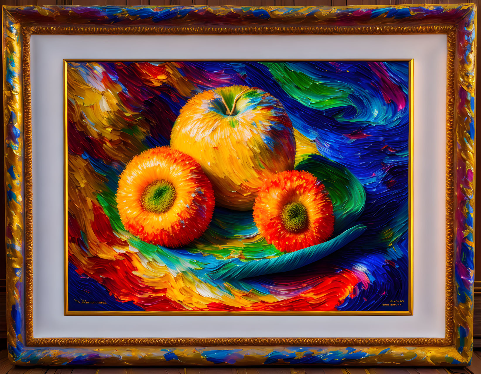 Colorful painting of three apples in gold frame