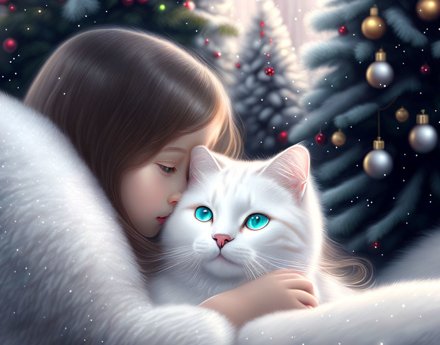 Brown-haired girl cuddling white cat in festive Christmas setting