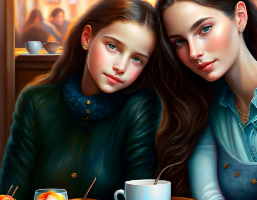 Digital painting: Young girl and woman, likely mother and daughter, cozy café moment