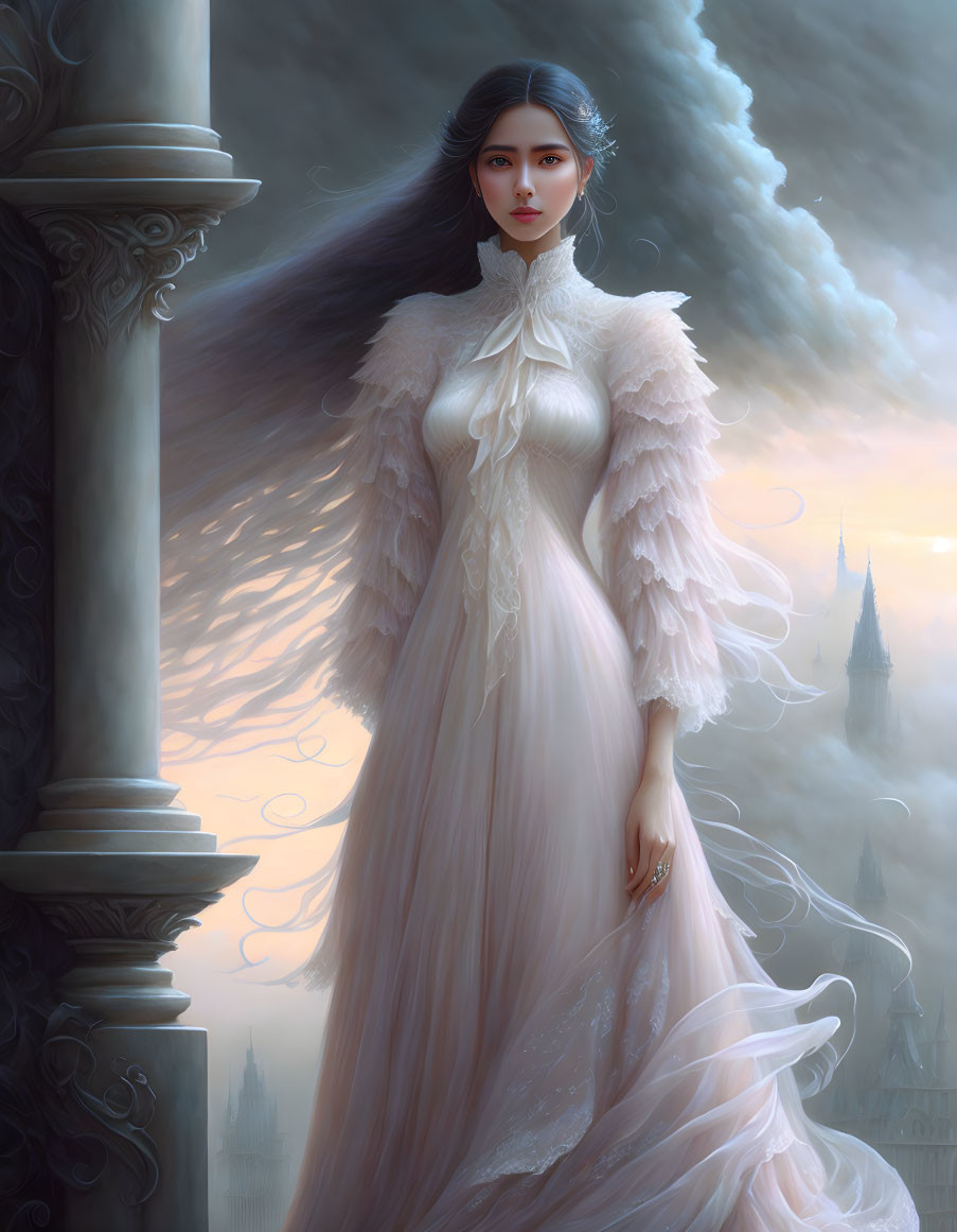 Ethereal woman in elegant gown near stone column with misty castle backdrop