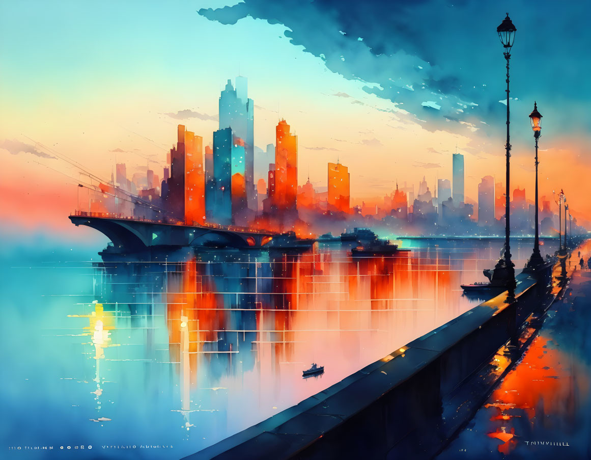 Futuristic cityscape at sunset with skyscrapers and person walking by lamppost