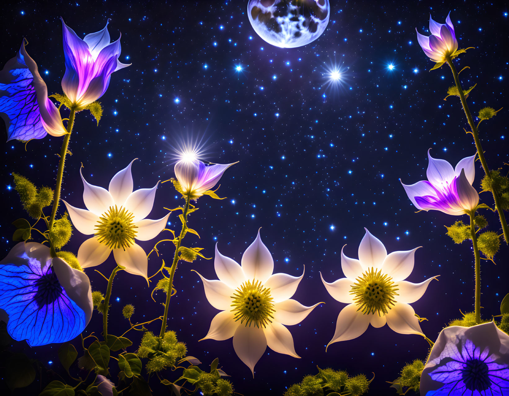 Colorful digital artwork featuring oversized luminous flowers against a starry night sky