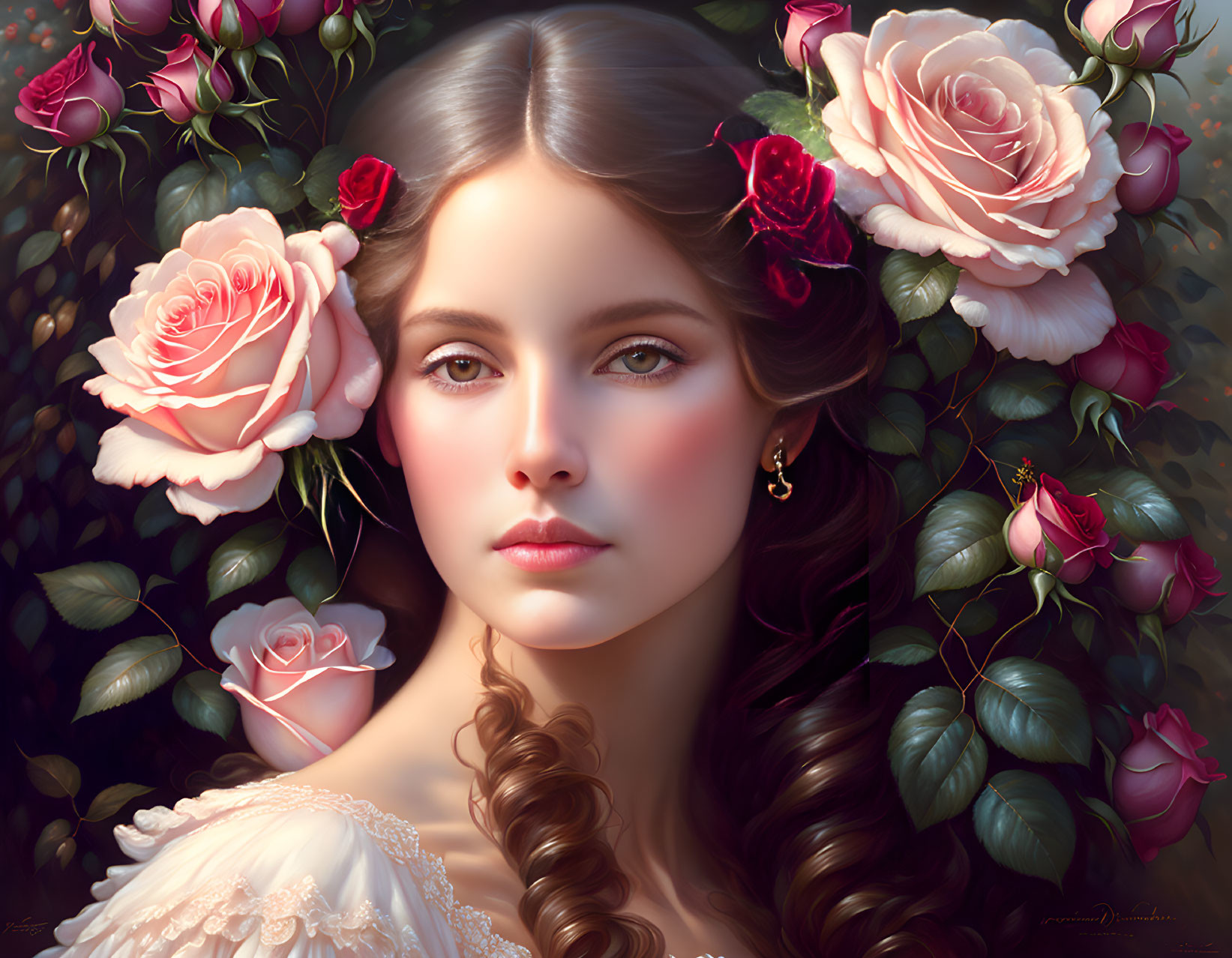 Digital artwork: Young woman with fair skin and braided hair surrounded by roses and blooming flowers