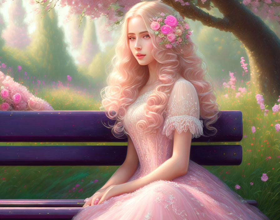 Woman with Long Wavy Pink Hair in Enchanted Garden Setting