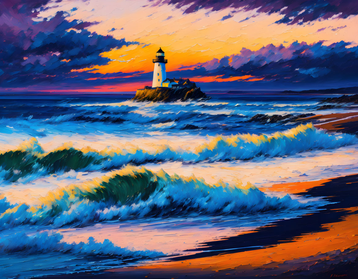 Lighthouse painting with dynamic waves and sunset sky