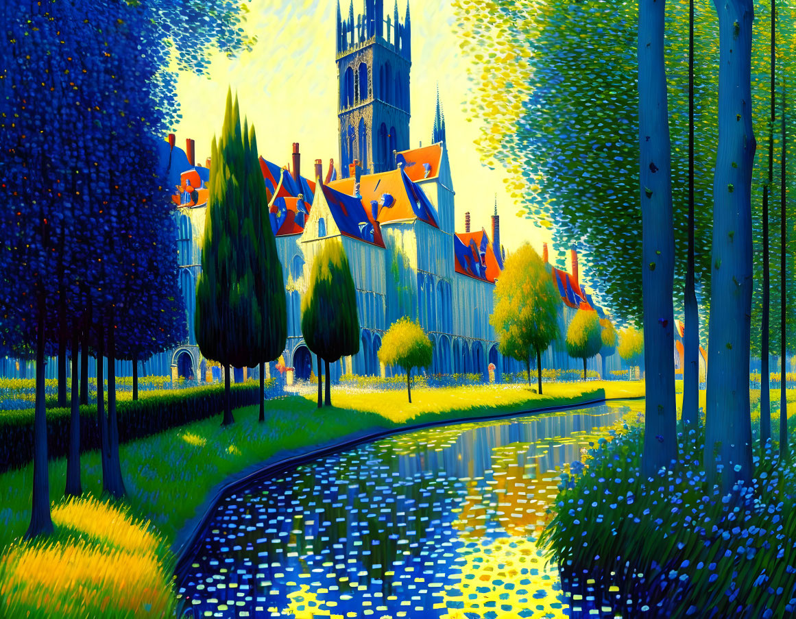 Impressionist-style painting of church in scenic landscape