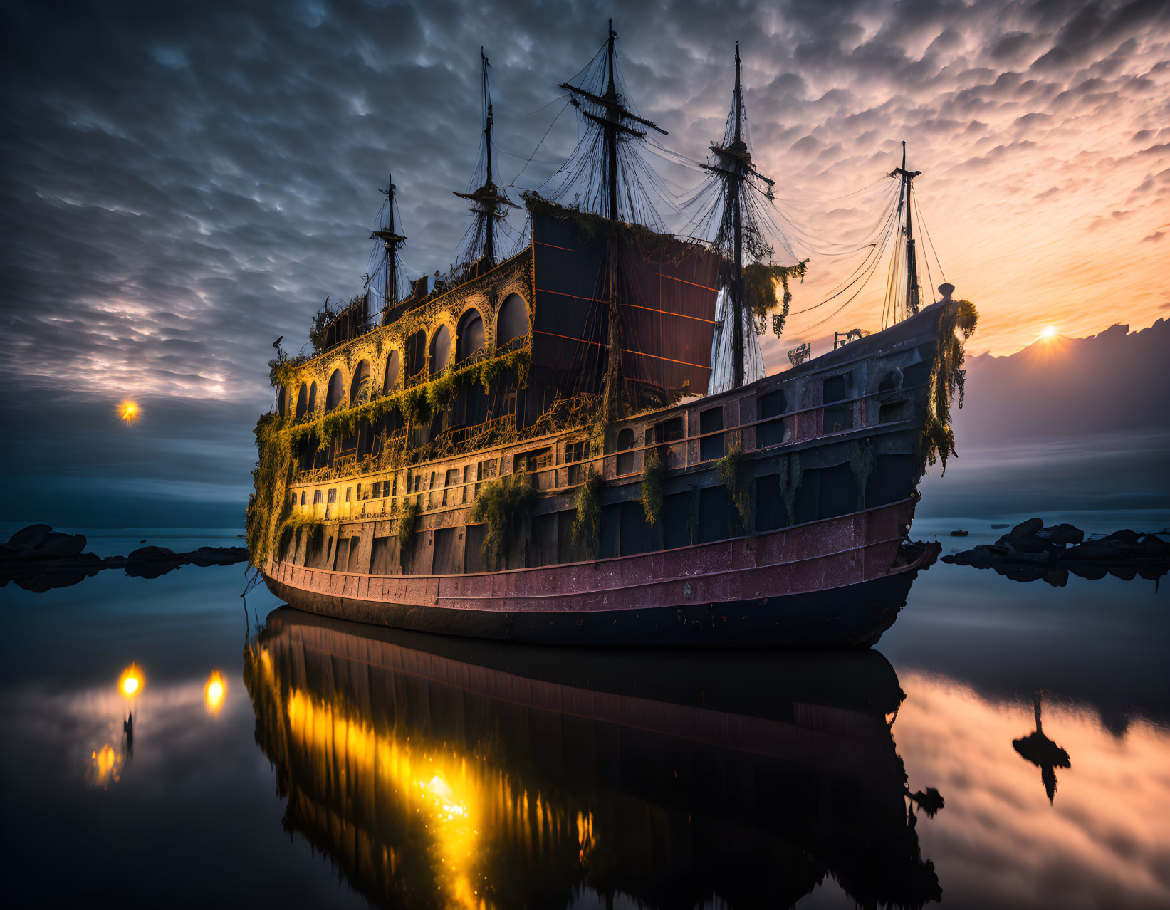 Abandoned ship covered in vegetation at sunset over calm water