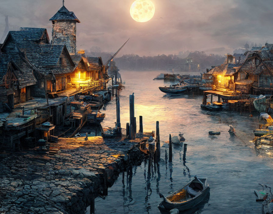 Moonlit Harbor Scene with Wooden Houses, Boats, and Lit Boardwalk