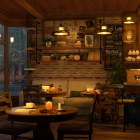 Warmly Lit Dusk Interior with Wooden Furniture and Pottery Decor