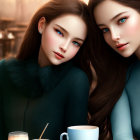 Illustrated women with striking features in cozy cafe setting