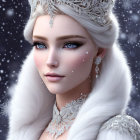 Blonde-haired figure with crown in snowfall