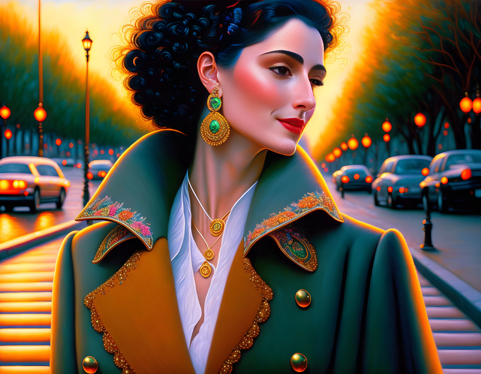 Woman with Curly Hair in Stylish Coat on Vibrant City Street at Sunset