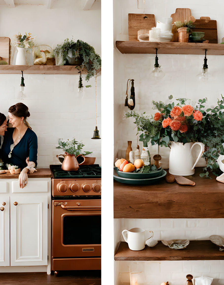 Warm Kitchen Scene with Embracing Couple, Wooden Shelves, and Stylish Orange Range