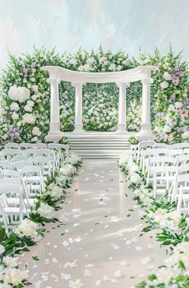 White Chair Wedding Ceremony Setup with Floral Arch & Backdrop