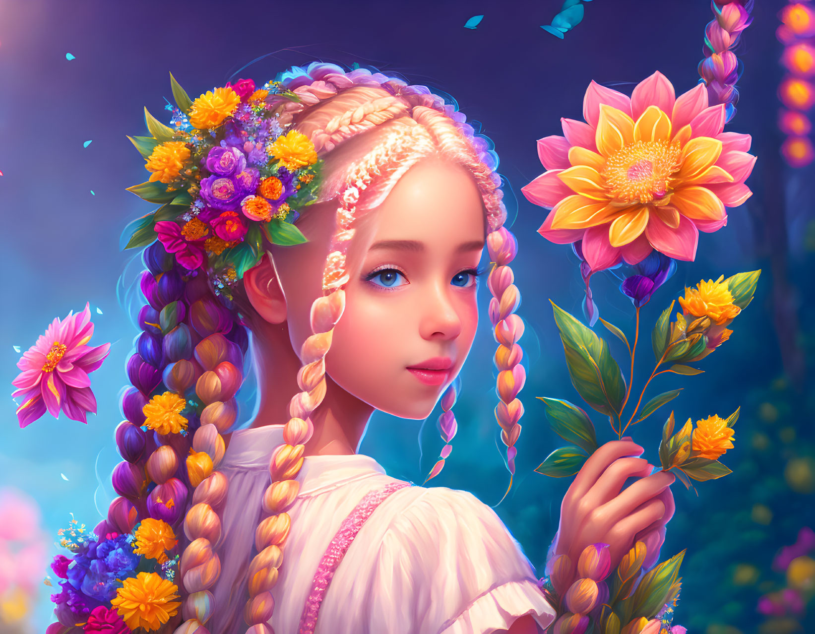 Colorful Flower Adorned Girl with Braided Hair in Digital Art