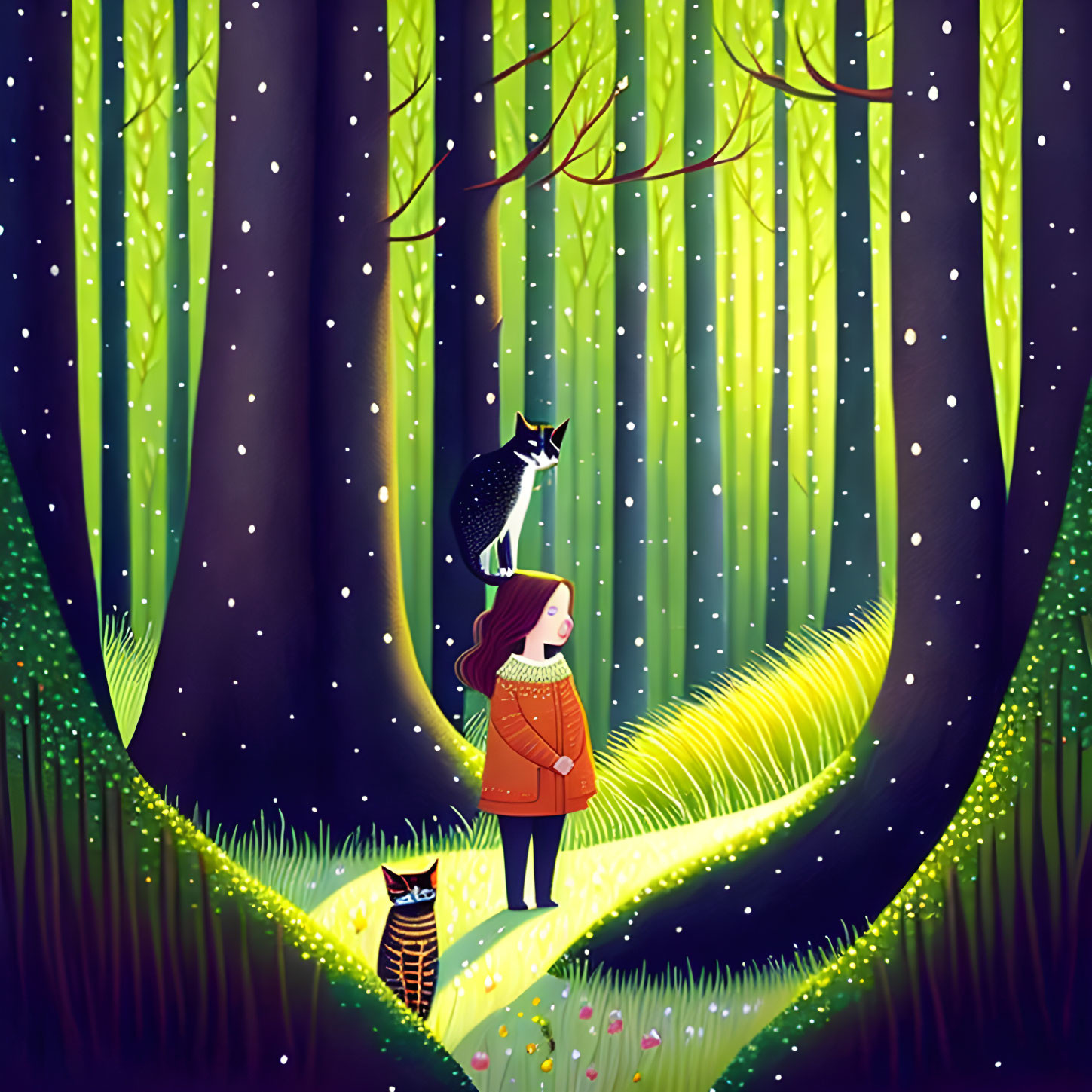 Illustration: Girl with cat under starry sky in enchanted forest