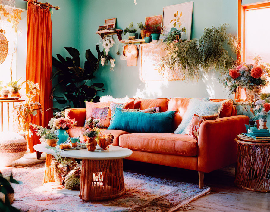 Vibrant orange sofa in cozy living room with bohemian decor