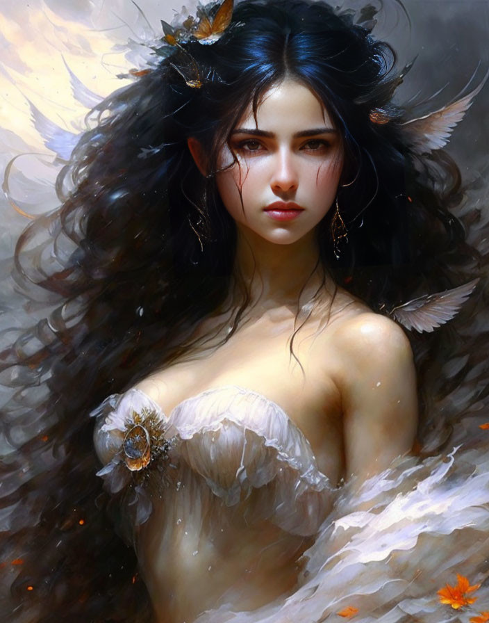 Fantasy portrait of a woman with dark hair, pointed ears, intense gaze, and feather-adorn