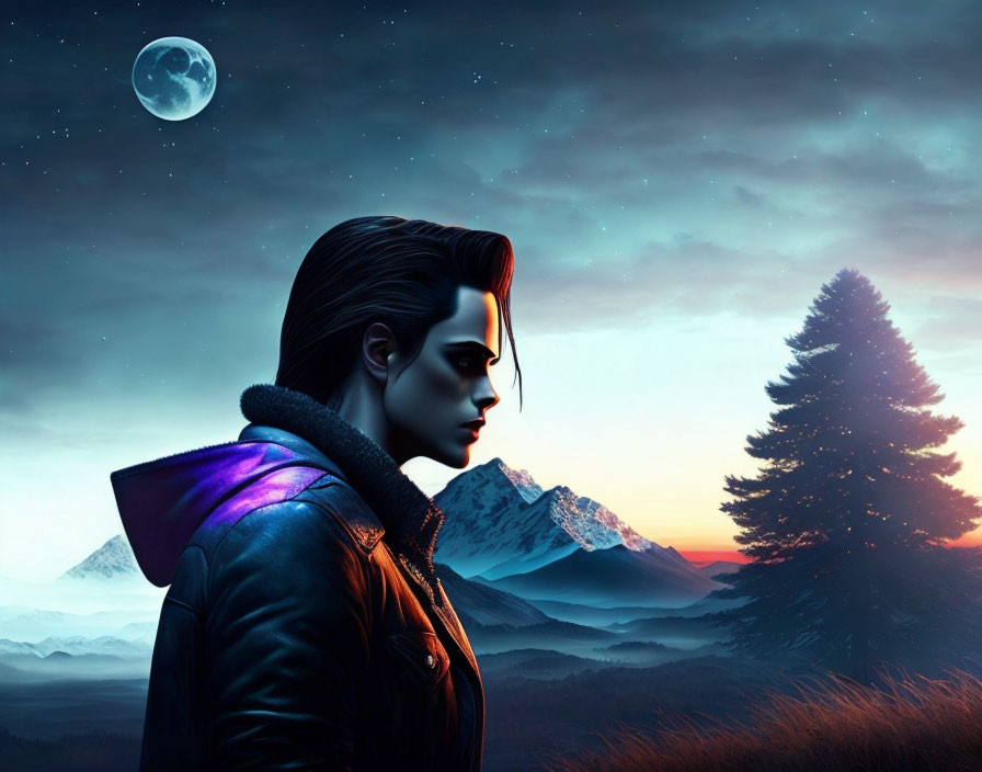 Profile portrait in leather jacket amid mountain backdrop with crescent moon.