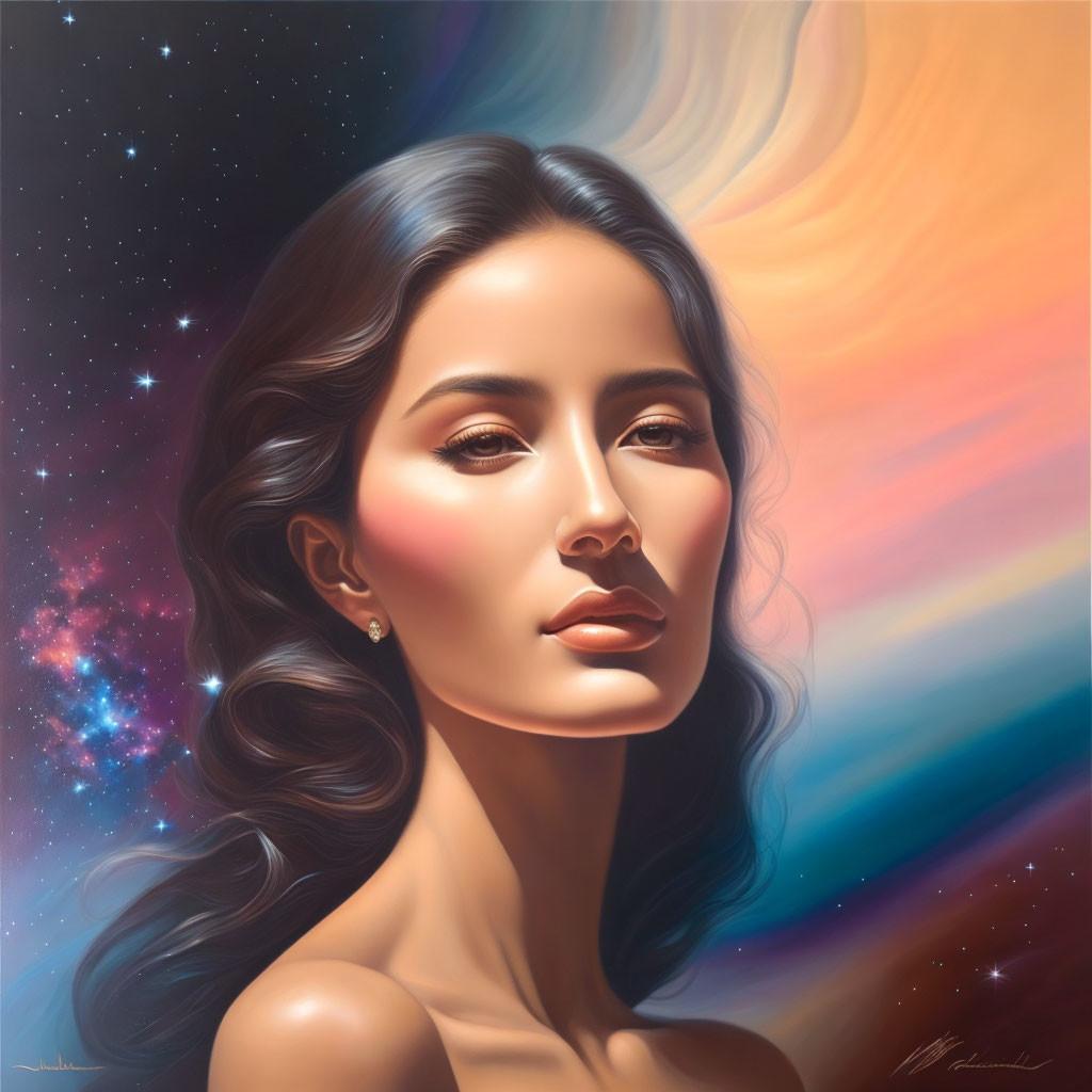 Serene woman in digital portrait against cosmic backdrop