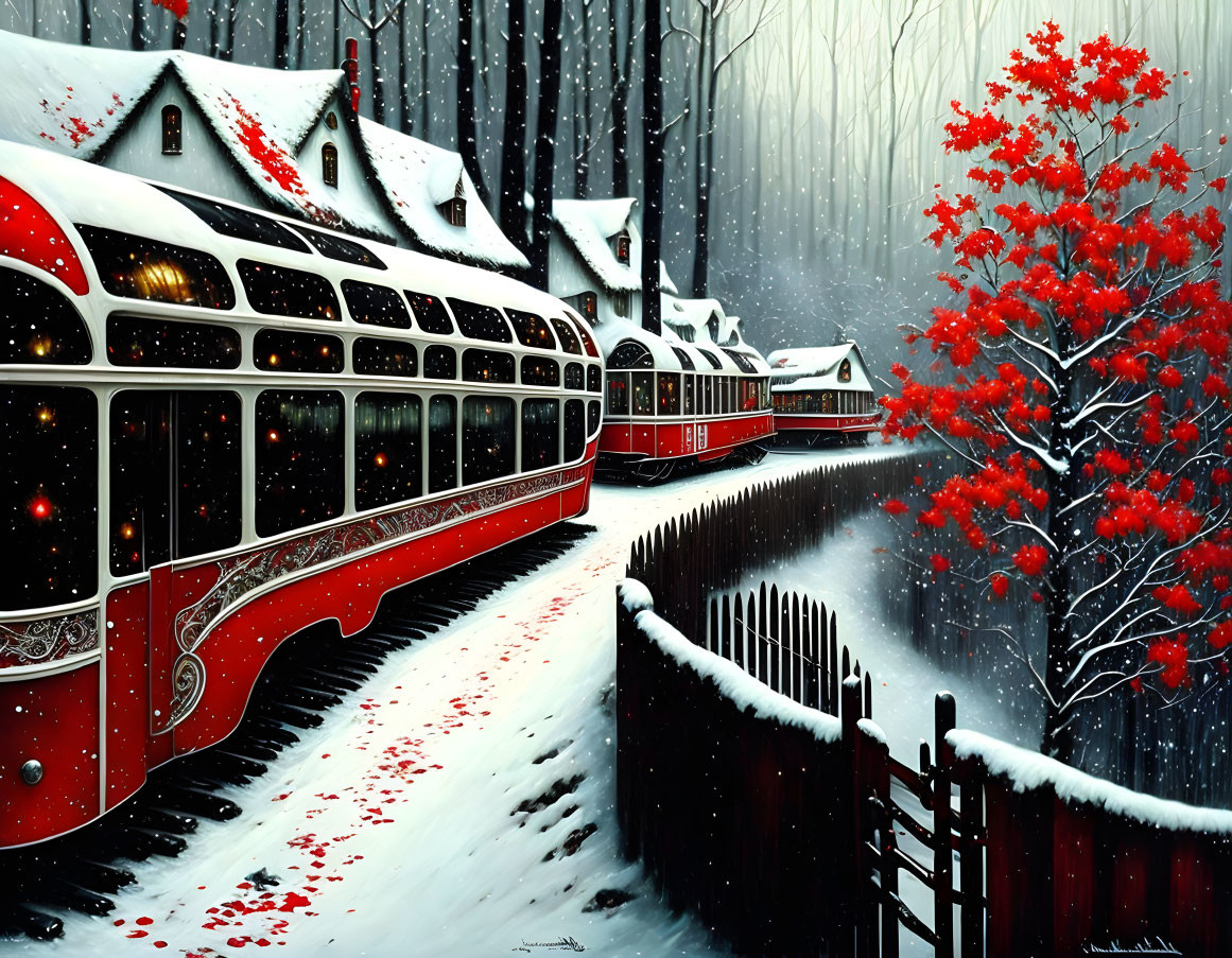 Red and White Festive Streetcar in Snowy Landscape