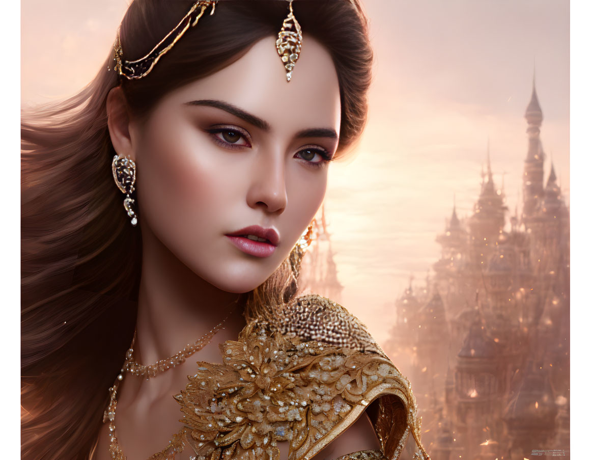 Digital artwork: Woman in ornate golden headpiece and attire, fantasy castle in background