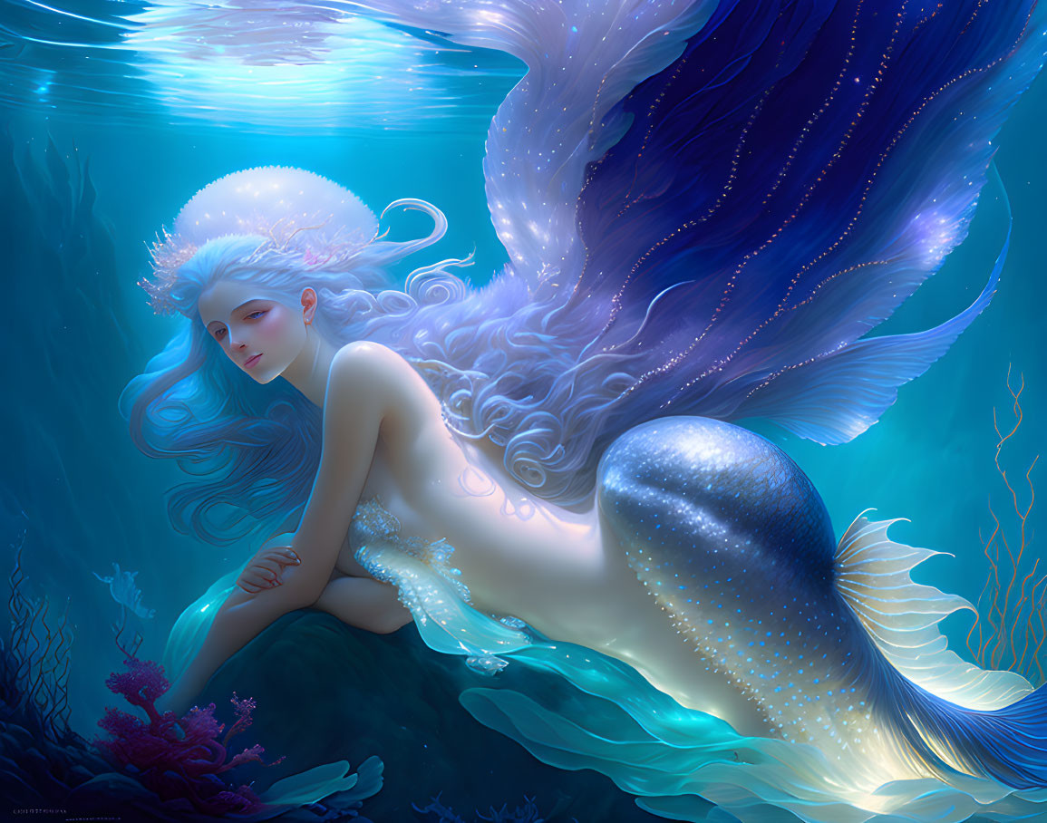 Mermaid with Blue Hair and Shimmering Tail Rests Among Coral