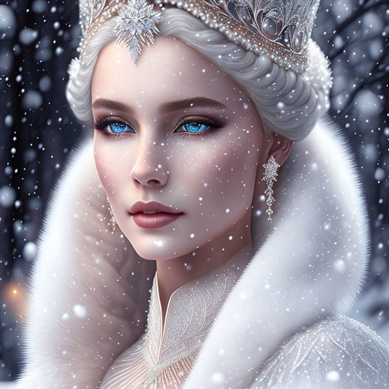 Blonde-haired figure with crown in snowfall