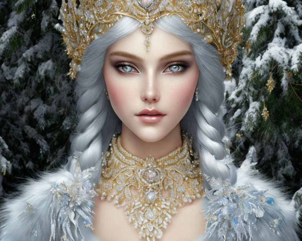 Pale-skinned figure with grey braided hair in ornate crown and blue cloak against snowy backdrop