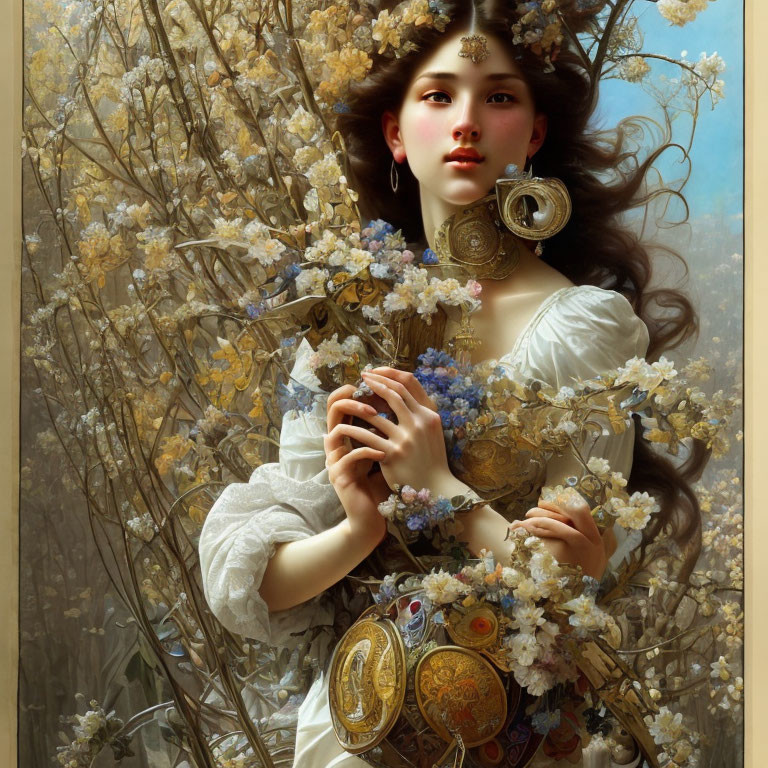 Portrait of Woman with Dark Hair Surrounded by Blossoms and Blue Flowers