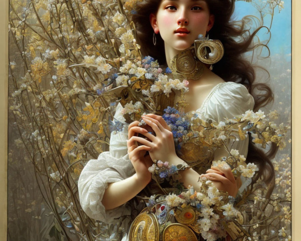 Portrait of Woman with Dark Hair Surrounded by Blossoms and Blue Flowers