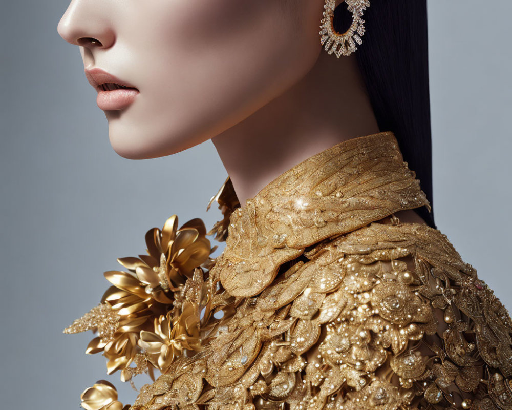 Profile view of woman in opulent gold jewelry & embroidered floral outfit