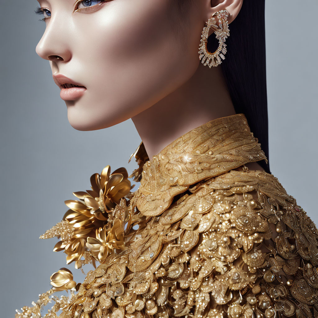 Profile view of woman in opulent gold jewelry & embroidered floral outfit